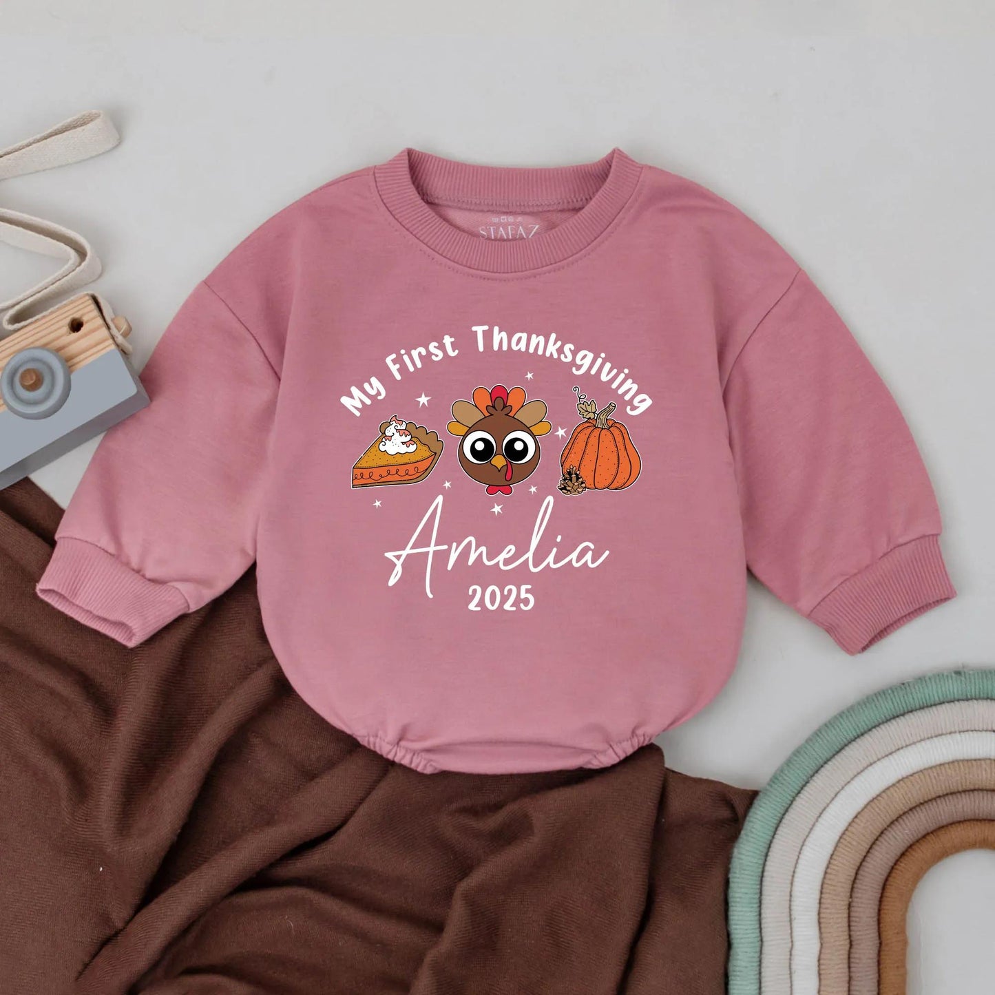 My First Thanksgiving Personalized Romper 2025, Custom Name Baby Turkey Outfit, Festive Fall Infant Bodysuit, Cute 1st Thanksgiving Gift, Stars (140 chars)