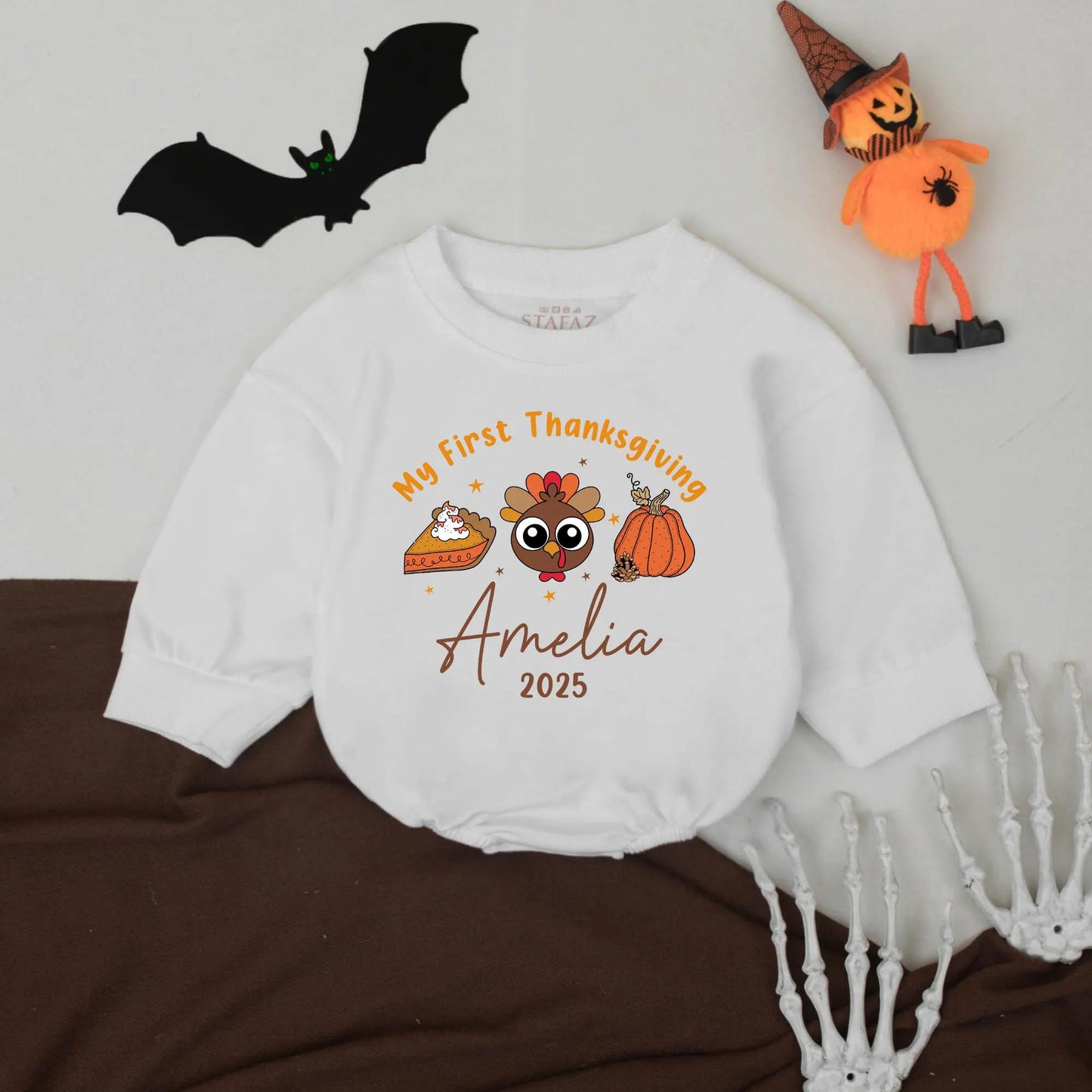 My First Thanksgiving Personalized Romper 2025, Custom Name Baby Turkey Outfit, Festive Fall Infant Bodysuit, Cute 1st Thanksgiving Gift, Stars (140 chars)