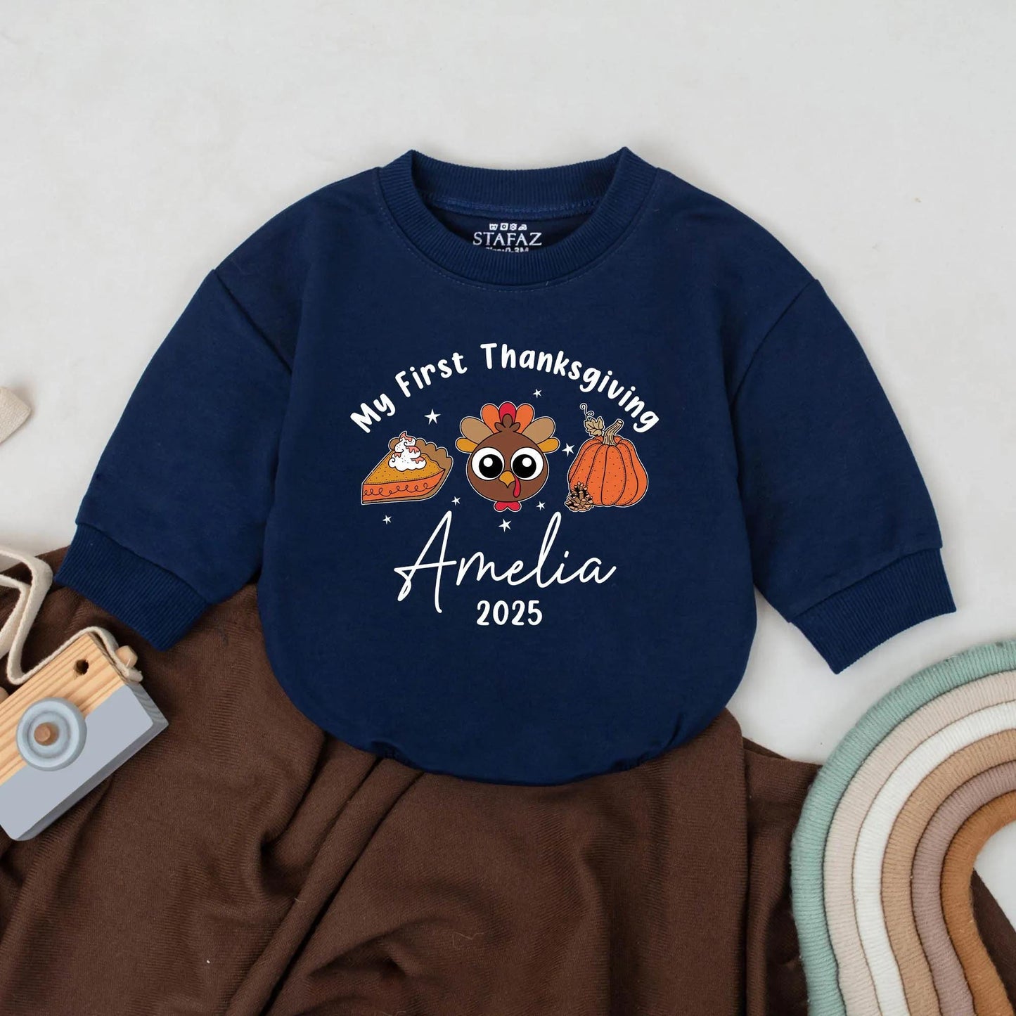 My First Thanksgiving Personalized Romper 2025, Custom Name Baby Turkey Outfit, Festive Fall Infant Bodysuit, Cute 1st Thanksgiving Gift, Stars (140 chars)