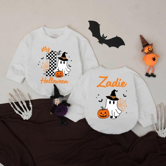 Personalized My First Halloween Baby Romper Ghost Pumpkin Witch Hat Design Fall Infant Bodysuit Spooky Bats Spider Web Outfit Girls Boys Shower Gift