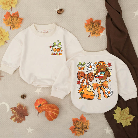 Personalized Baby Girl Thanksgiving Gobble Til You Wobble Romper Fall Turkey Pumpkin Vintage Floral Autumn Infant Toddler Outfit