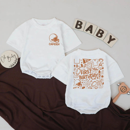 Camden's First Birthday Football Romper, Touchdown Outfit! Personalized 1st Birthday Bodysuit, Game Day Baby, Sports Shower Gift, Light Brown 139 char
