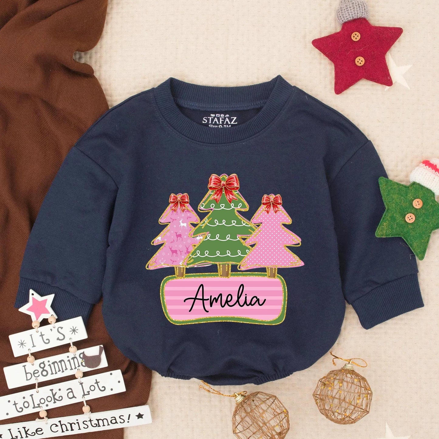Amelia's Custom Christmas Trees Bubble Romper Baby Toddler Girl Holiday Outfit Red Bow Gold Glitter