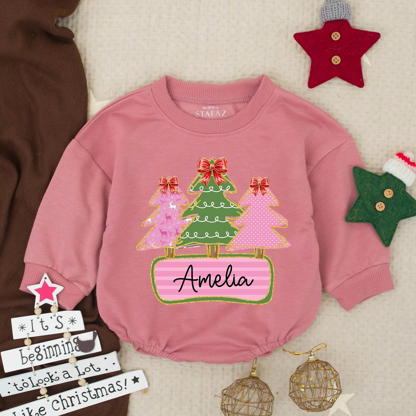 Amelia's Custom Christmas Trees Bubble Romper Baby Toddler Girl Holiday Outfit Red Bow Gold Glitter