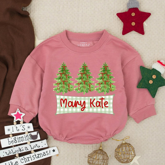 Personalized Mary Kate Christmas Tree Romper, Custom Holiday Baby Outfit, Festive Infant Xmas Bodysuit, Girl Winter Clothes Gift, Gingham Banner 135