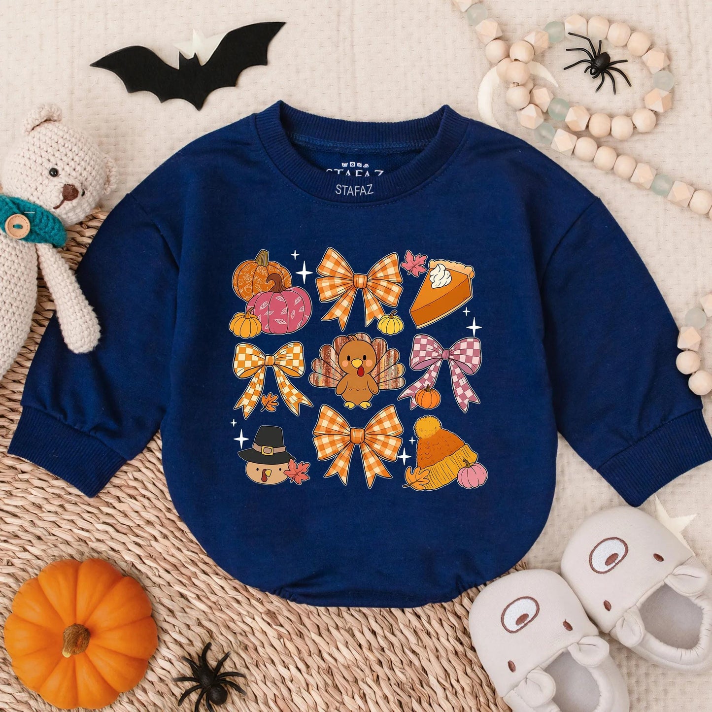 First Thanksgiving Baby Romper, Playful Turkey & Pumpkin Design, Cozy Infant Fall Outfit for Girl or Boy Toddler Autumn Holiday Clothes