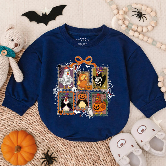 Spooky Chick or Treat Romper: Retro Halloween Chicken Baby Outfit, Funny Infant Costume Sweatshirt, Toddler Fall Clothes, Vintage Style, 135 chars