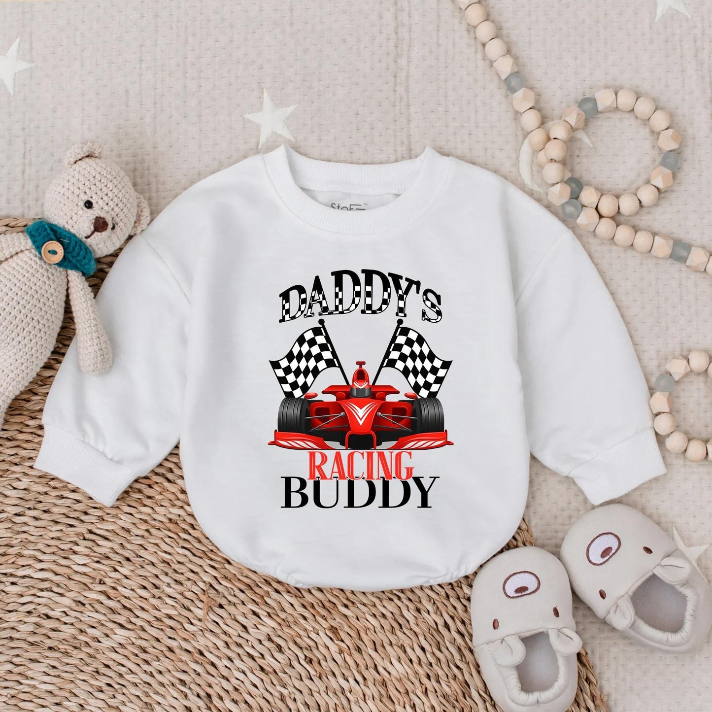 Daddy's Racing Buddy Baby Romper Checkered Flags Outfit, Cute Race Car Sweatshirt Infant Toddler Motorsports Clothes, Dad Son Matching Gift 134 chars