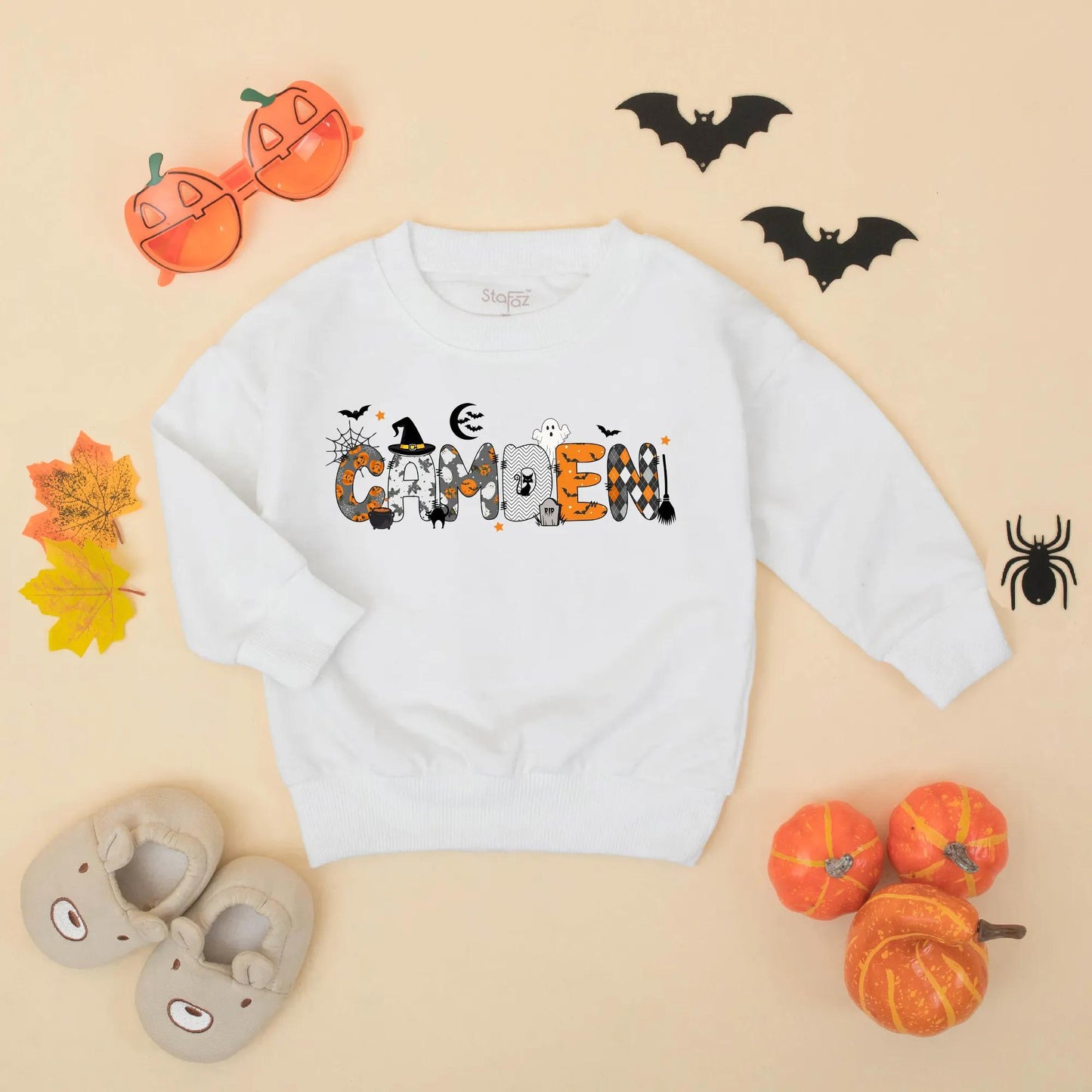 Personalized Baby Boy Halloween Bubble Romper featuring Child's Name Pumpkins Spiderwebs Bats Black Cat Design Festive Fall Toddler Spooky Gift