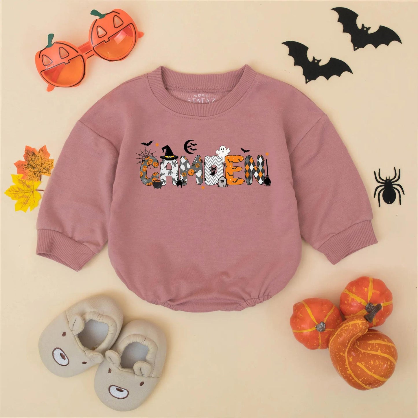 Personalized Baby Boy Halloween Bubble Romper featuring Child's Name Pumpkins Spiderwebs Bats Black Cat Design Festive Fall Toddler Spooky Gift