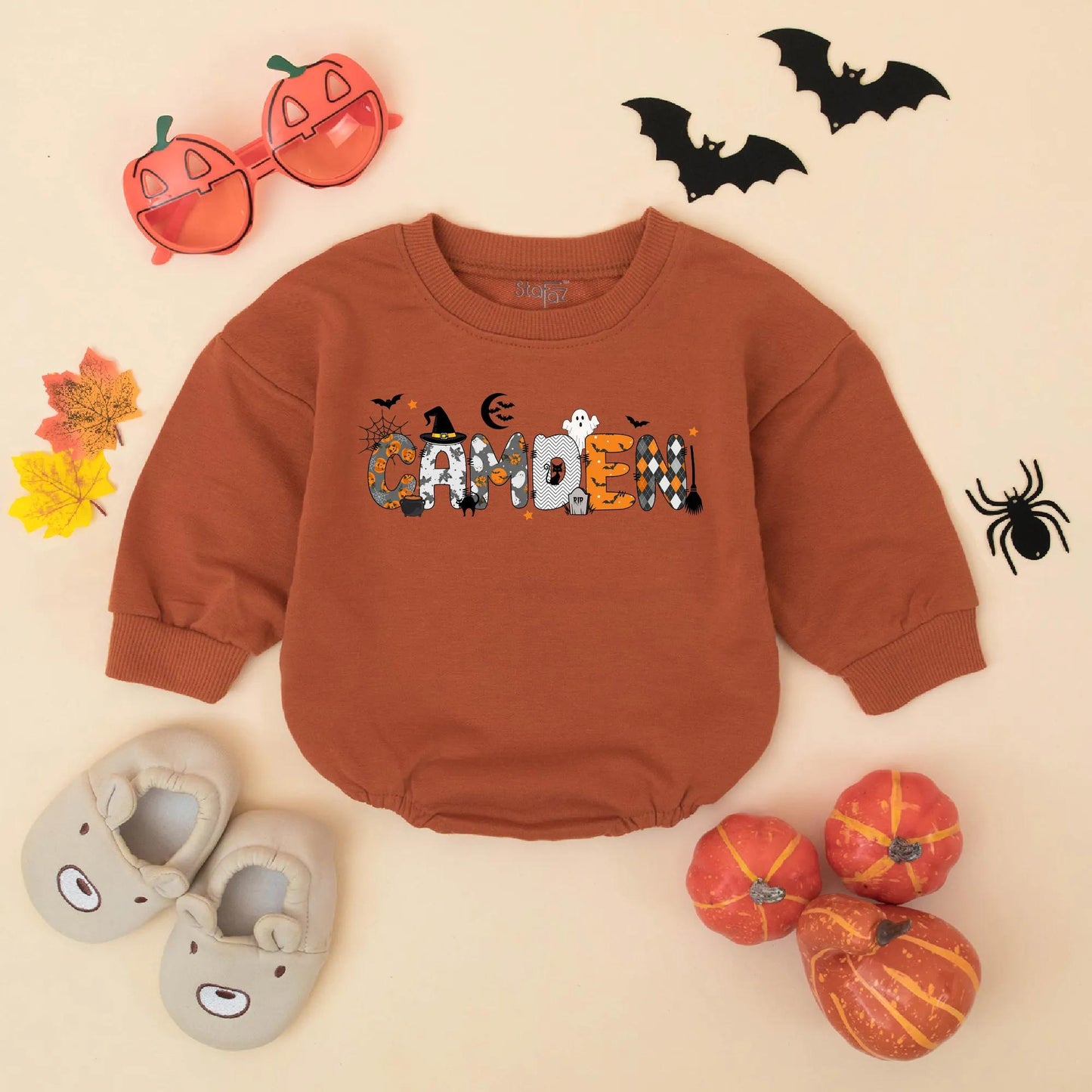 Personalized Baby Boy Halloween Bubble Romper featuring Child's Name Pumpkins Spiderwebs Bats Black Cat Design Festive Fall Toddler Spooky Gift