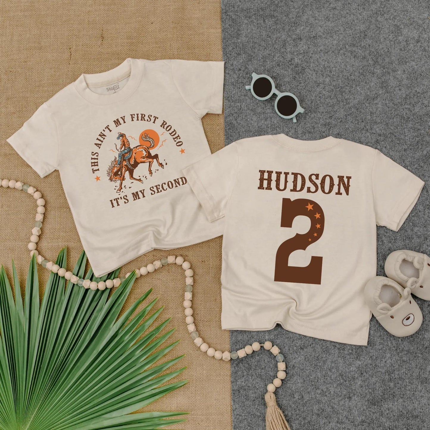 Personalized Toddler Boy 2nd Birthday This Ain't My First Rodeo It's My Second Western Cowboy Tee Gift Bucking Horse Sun Stars Brown Tones