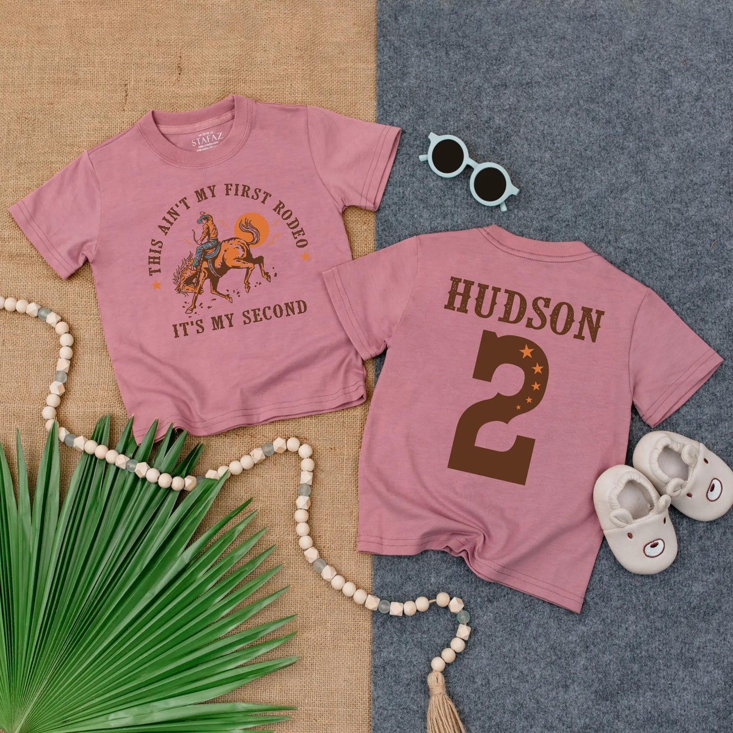 Personalized Toddler Boy 2nd Birthday This Ain't My First Rodeo It's My Second Western Cowboy Tee Gift Bucking Horse Sun Stars Brown Tones