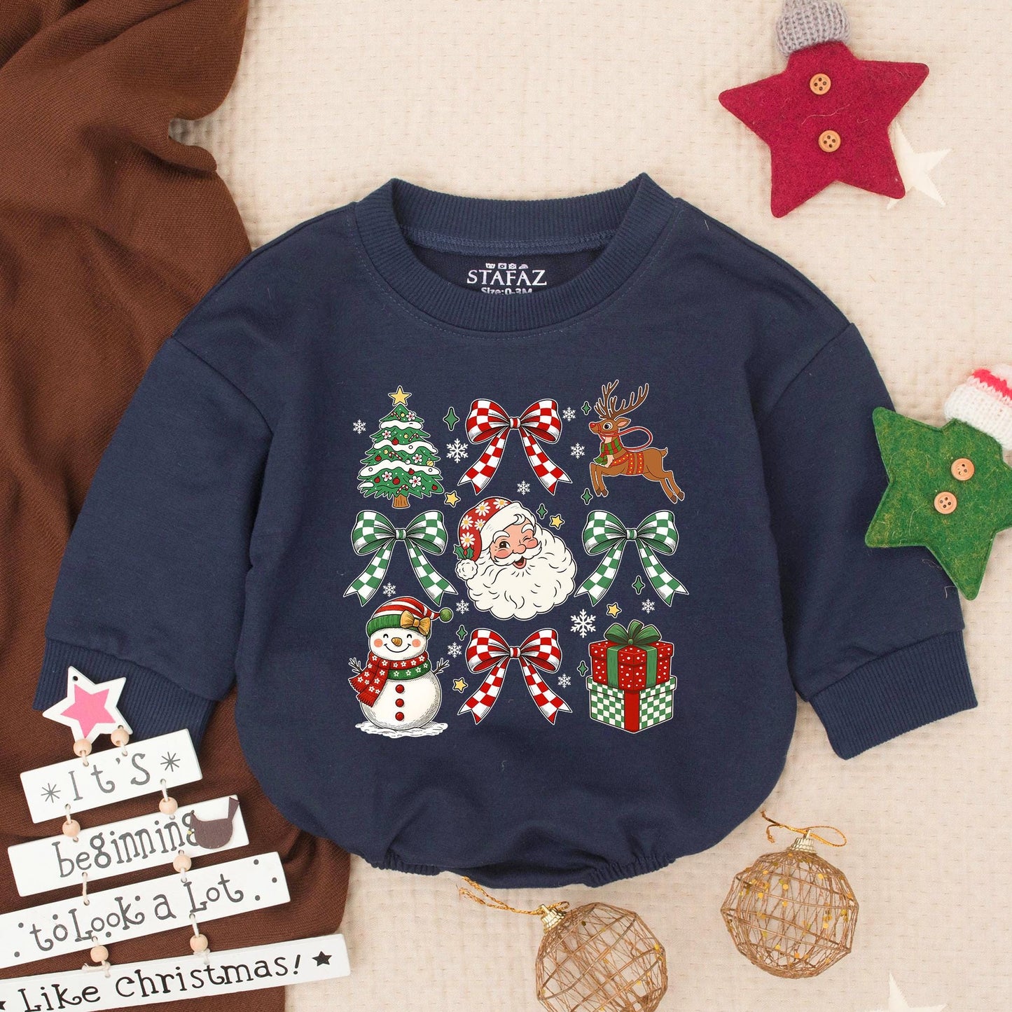 Baby's First Christmas Romper Sweatshirt Outfit, Festive Holiday Design with Santa, Tree, Snowman & Bows, Newborn Winter Gift