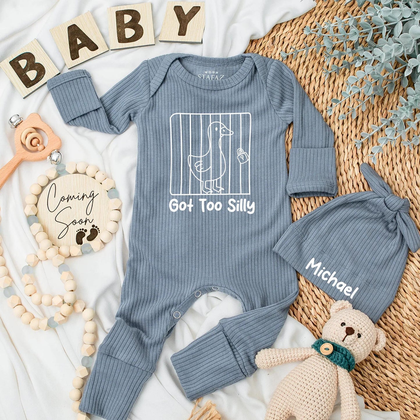 Funny "Got Too Silly" Baby Bodysuit with Cartoon Jail Goose Design, Cute Blue Newborn Boy Coming Home Outfit Gift