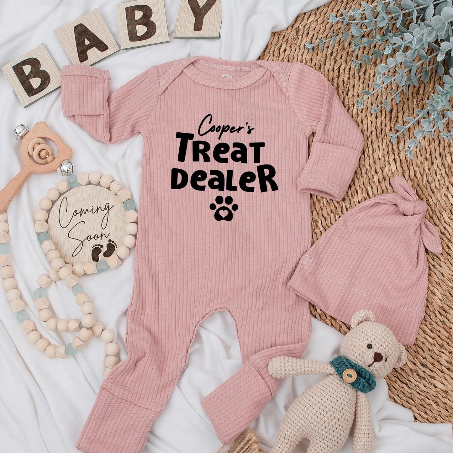 Cooper's Treat Dealer Baby Bodysuit, Funny Dog Lover Outfit, Paw Print Newborn Clothes, Personalized Gift for Pet Lovers, Treat Dealer, 134 chars