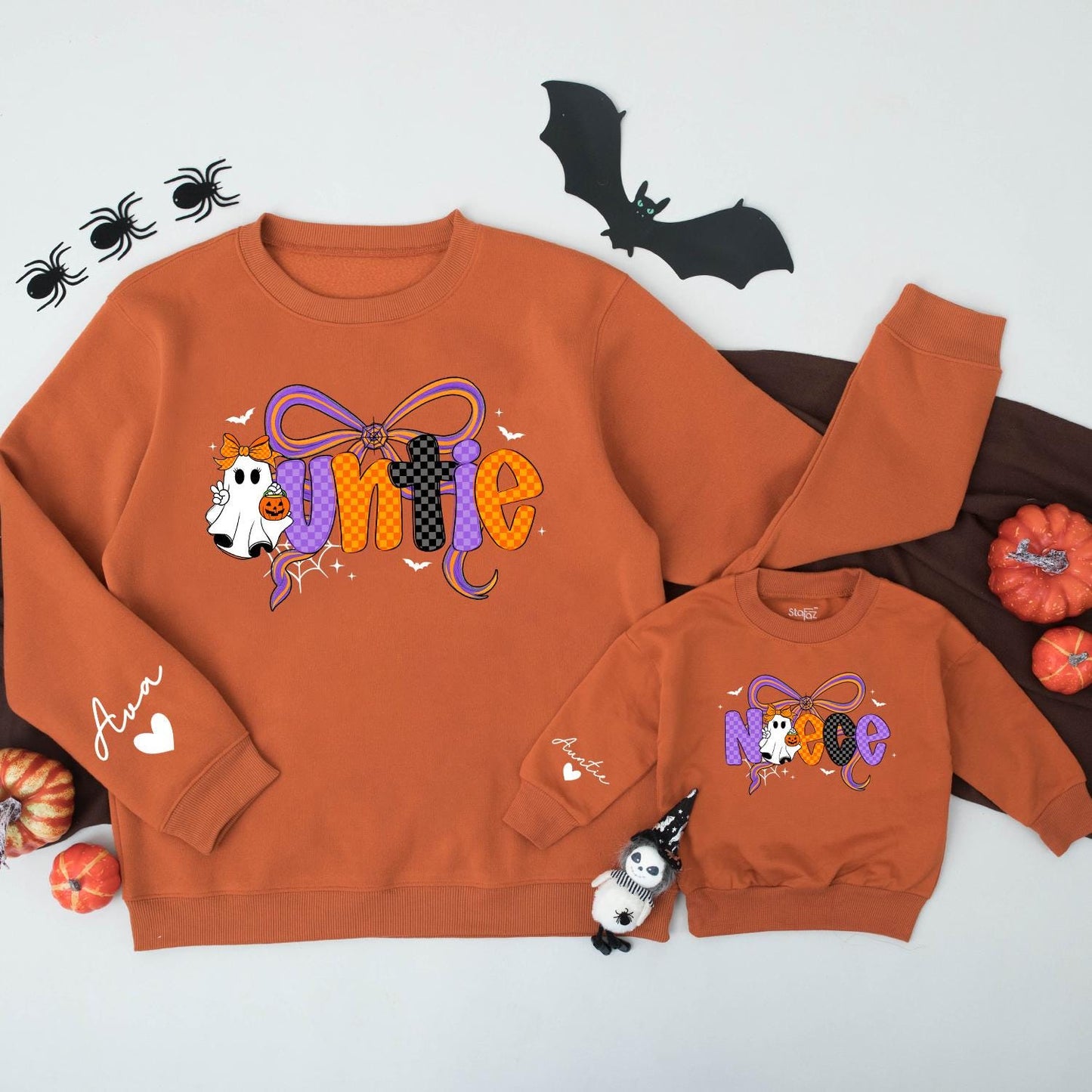 Custom Name Auntie Niece Matching Halloween Sweatshirts Spooky Ghost Pumpkin Bow Colorful Checkered Bats Stars Web Family Cozy Outfit