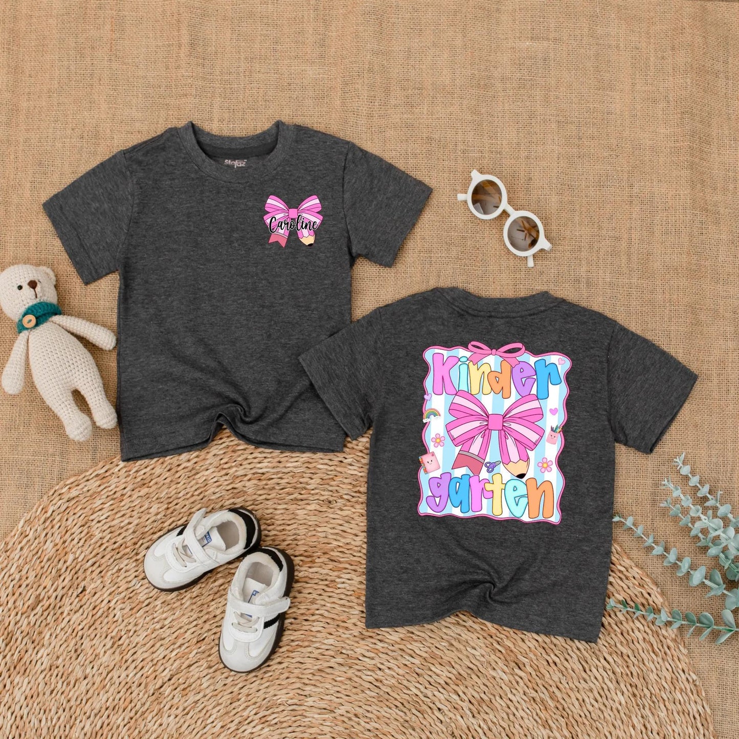 Cute Caroline Kindergarten Shirt Personalized Pink Pencil Bow Toddler Back To School Girls First Day Outfit