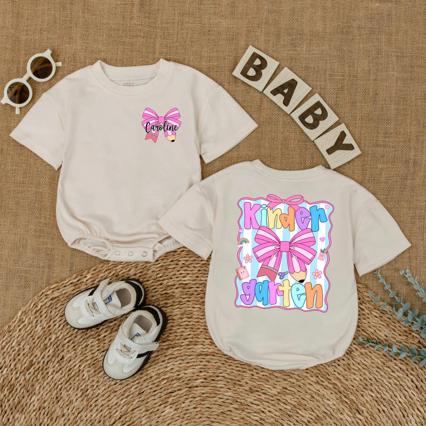 Cute Caroline Kindergarten Shirt Personalized Pink Pencil Bow Toddler Back To School Girls First Day Outfit