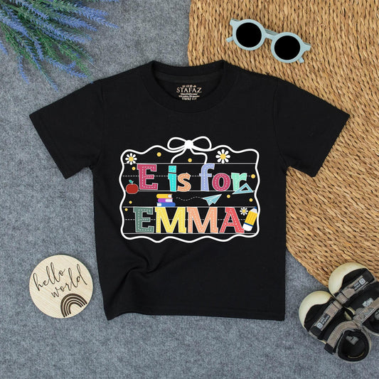 Personalized E is for Emma Back to School Shirt, Colorful Alphabet Name Tee for Kids, Cute Kindergarten Outfit, First Day, School Pencil Apple Design