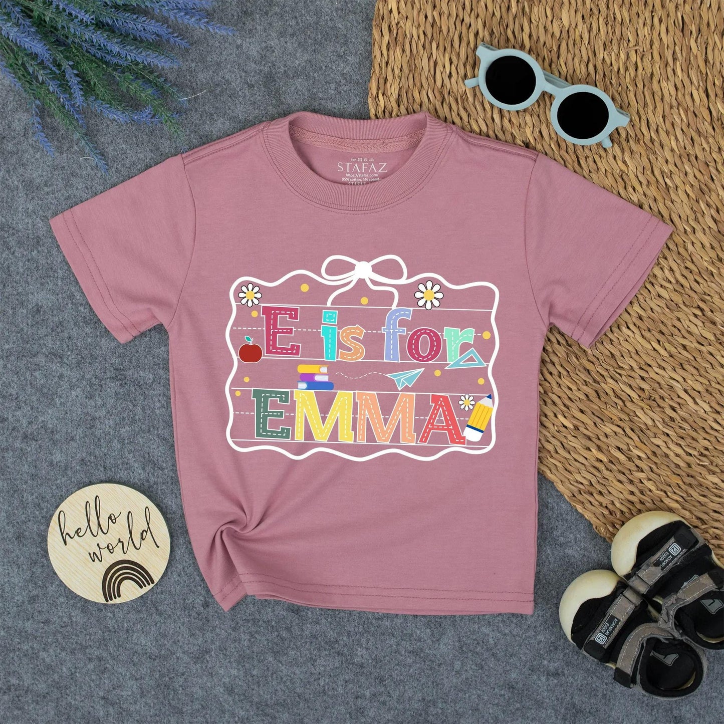 Personalized E is for Emma Back to School Shirt, Colorful Alphabet Name Tee for Kids, Cute Kindergarten Outfit, First Day, School Pencil Apple Design