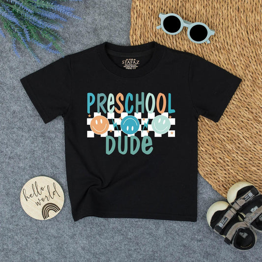 Preschool Dude Retro Tee - Back to School Natural Toddler Shirt with Smiley Faces and Stars, Cute First Day of School Outfit for Boys 134