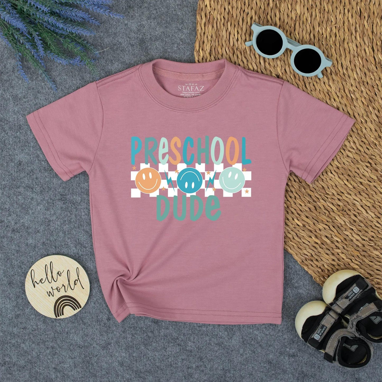 Preschool Dude Retro Tee - Back to School Natural Toddler Shirt with Smiley Faces and Stars, Cute First Day of School Outfit for Boys 134