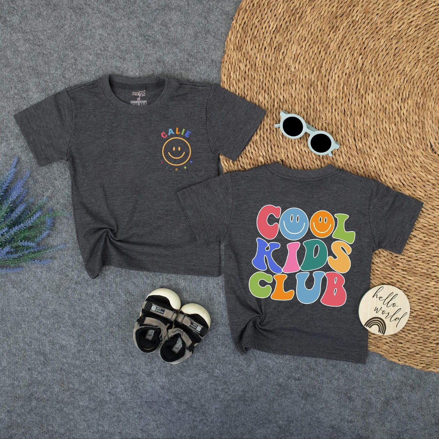 Retro Cool Kids Club Tee Personalized Calie Smiley Dot Shirt for Toddlers Fun Back to School Colorful Matching Family Outfit
