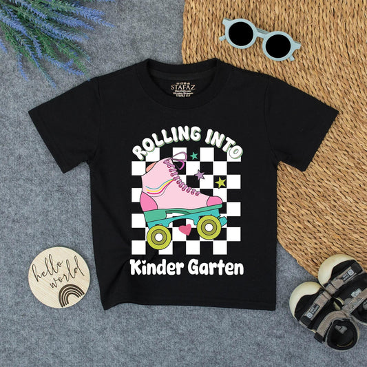 Rolling Into Kindergarten Girl Shirt Retro Roller Skate Tee Toddler Outfit First Day of School Pink Teal Rainbow Stripes 140 chars