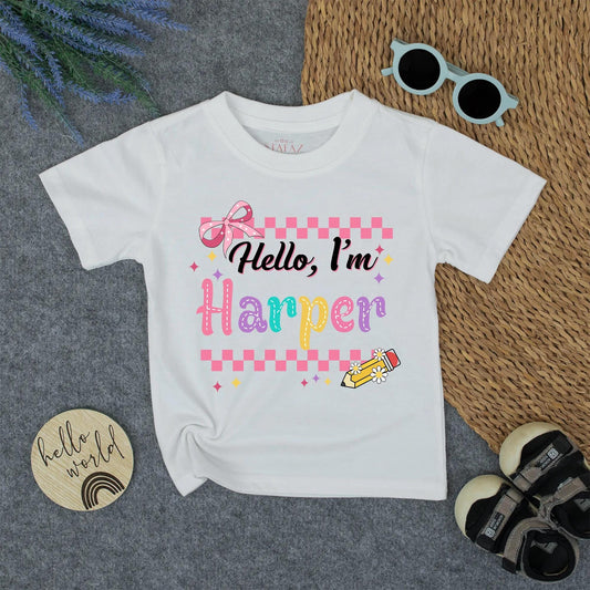 Personalized Back to School Shirt Hello I'm Name Tee, Cute First Day Outfit for Girls, Custom Preschool Top with Checkerboard & Stars (135 chars)