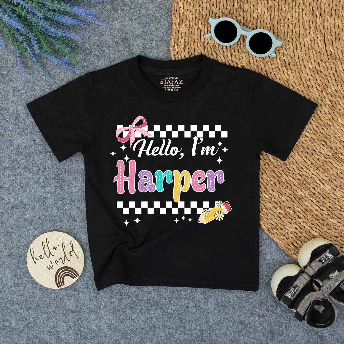Personalized Back to School Shirt Hello I'm Name Tee, Cute First Day Outfit for Girls, Custom Preschool Top with Checkerboard & Stars (135 chars)
