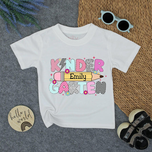 Kindergarten Girl's Custom Name Shirt - Back to School Tee with Whimsical Design - Emily's First Day Gift