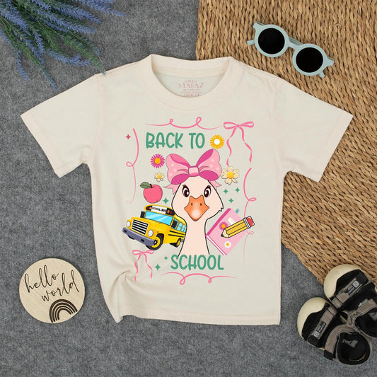Back to School Girl's Shirt with Whimsical Design First Day Tee Pastel Colors & School Bus Print for Kids, Cute Goose!