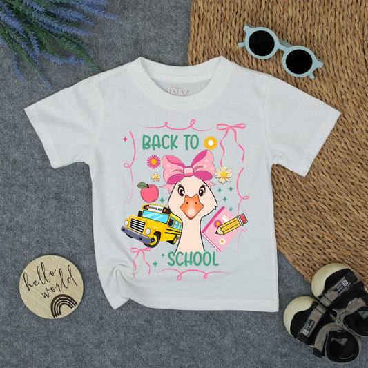 Back to School Girl's Shirt with Whimsical Design First Day Tee Pastel Colors & School Bus Print for Kids, Cute Goose!