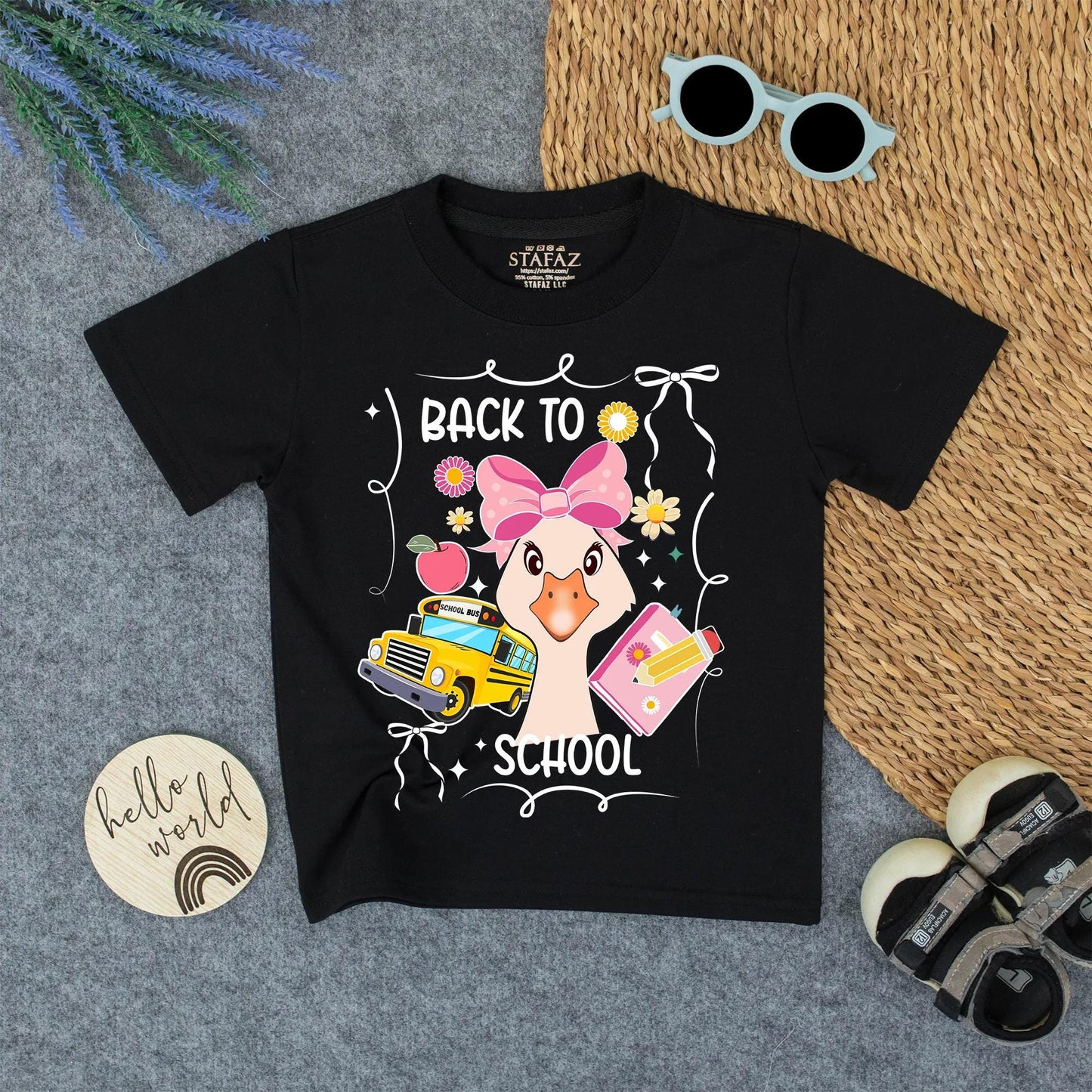 Back to School Girl's Shirt with Whimsical Design First Day Tee Pastel Colors & School Bus Print for Kids, Cute Goose!