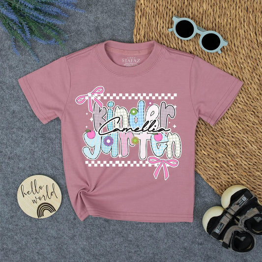 Kindergarten Rainbow Checkerboard Name Shirt Personalized Pink Flower Bows Custom Back To School Girl First Day Outfit