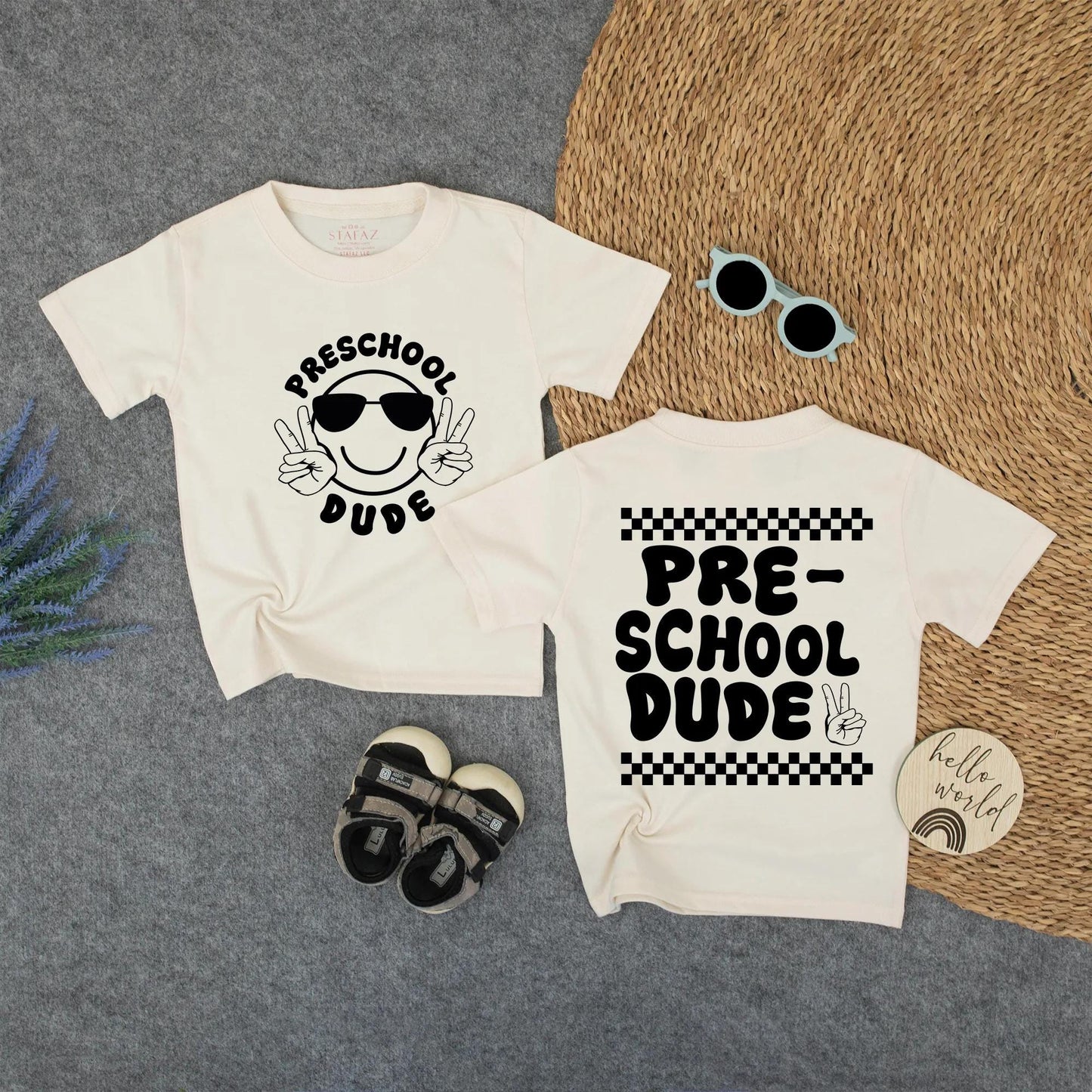 Preschool Dude Shirt - Black Tee with Smiley & Peace Signs, or Checkered Hand Sign - First Day of Pre-K, Hello School