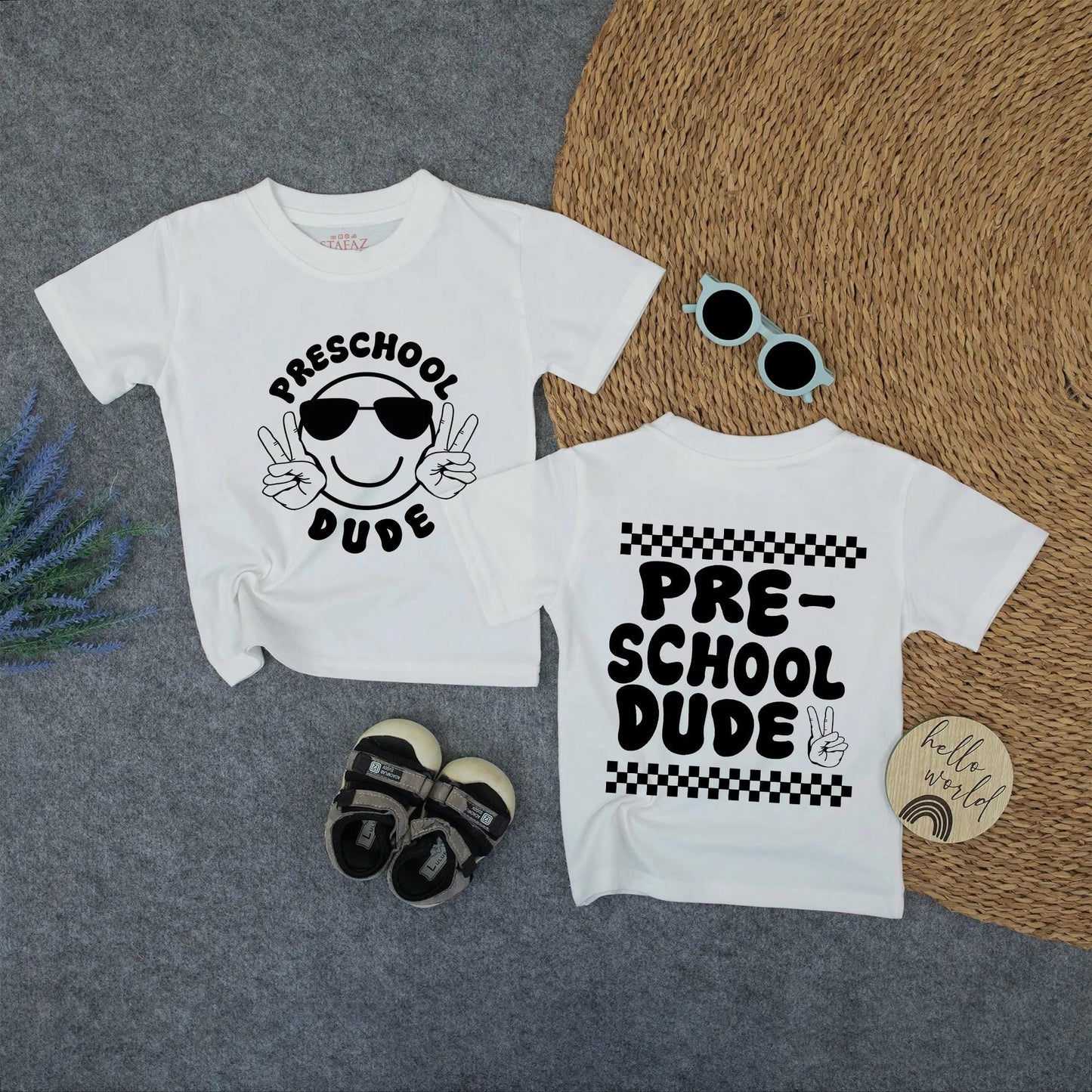 Preschool Dude Shirt - Black Tee with Smiley & Peace Signs, or Checkered Hand Sign - First Day of Pre-K, Hello School