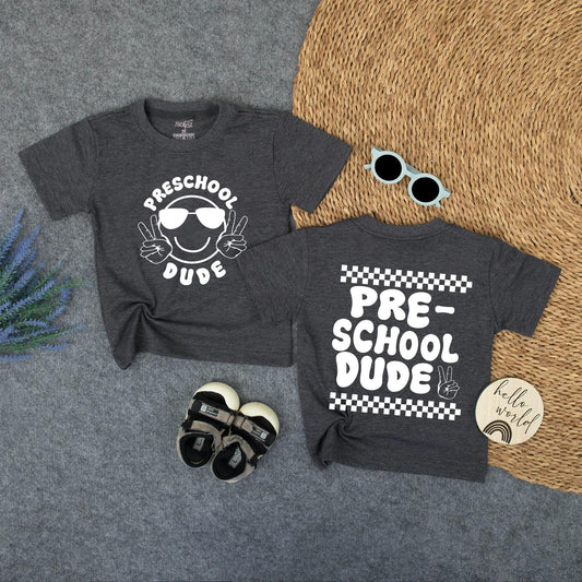 Preschool Dude Shirt - Black Tee with Smiley & Peace Signs, or Checkered Hand Sign - First Day of Pre-K, Hello School