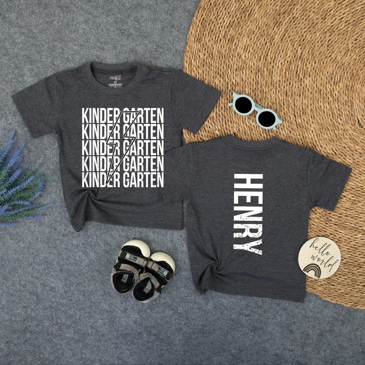 Rainbow Lightning Kindergarten T-Shirt Custom Henry Name Back to School Tee for Boys First Day Preschool Kids
