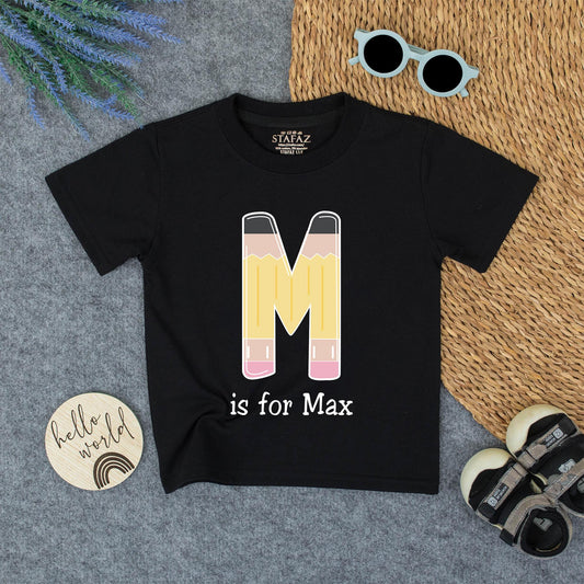 Pencil 'M' is for Max Kid Shirt First Day of School Outfit Toddler Custom Name Tee Back to School Boy