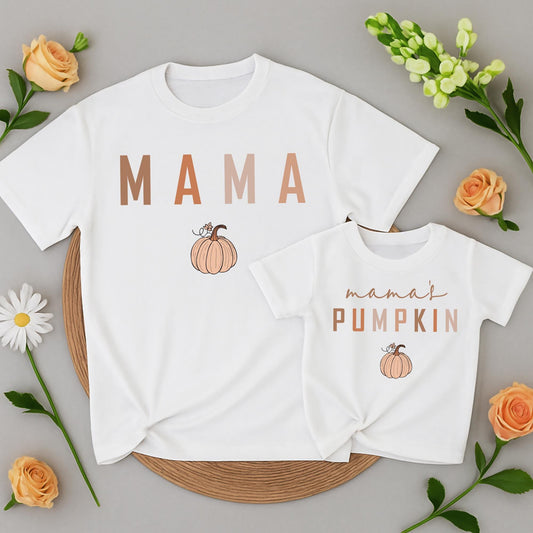 Mama & Mama's Pumpkin Matching Fall Shirts Set - Cute Mommy and Me Thanksgiving Outfit, Autumn T-Shirts for Mom, Baby & Kids - Perfect Fall Gift
