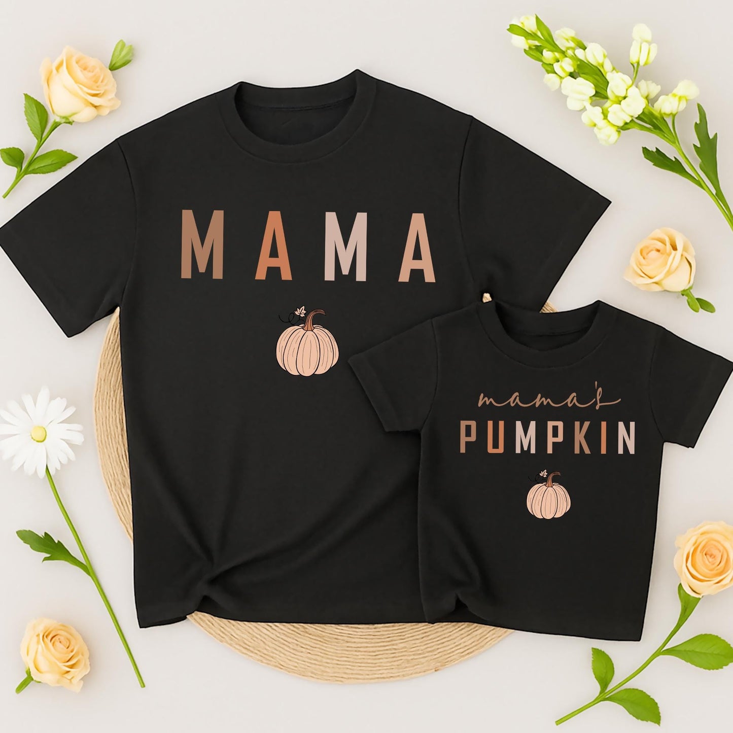 Mama & Mama's Pumpkin Matching Fall Shirts Set - Cute Mommy and Me Thanksgiving Outfit, Autumn T-Shirts for Mom, Baby & Kids - Perfect Fall Gift
