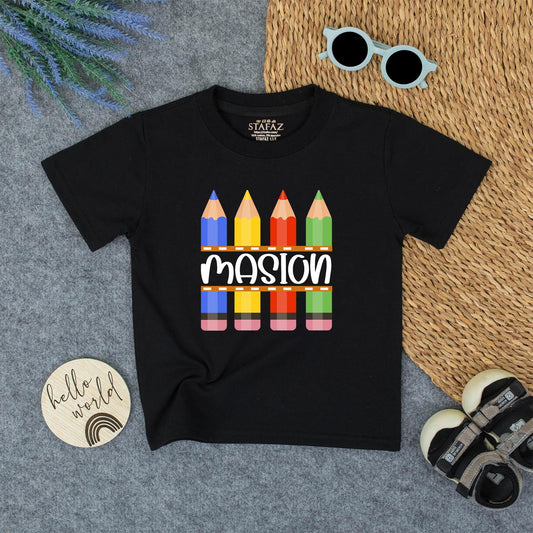 Kids Colorful Crayon Name Shirt School Tee Boys Back to School Kindergarten Preschool Toddler First Day Outfit Gift