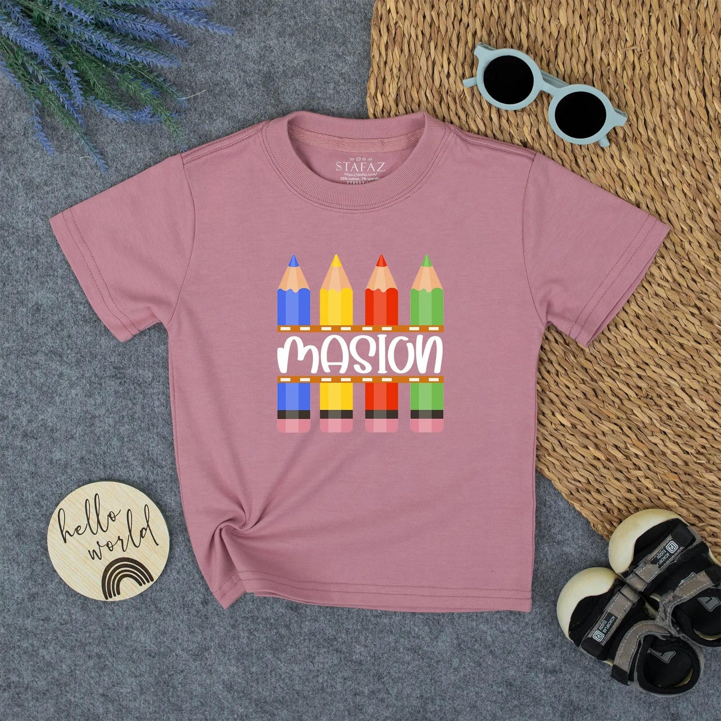 Kids Colorful Crayon Name Shirt School Tee Boys Back to School Kindergarten Preschool Toddler First Day Outfit Gift