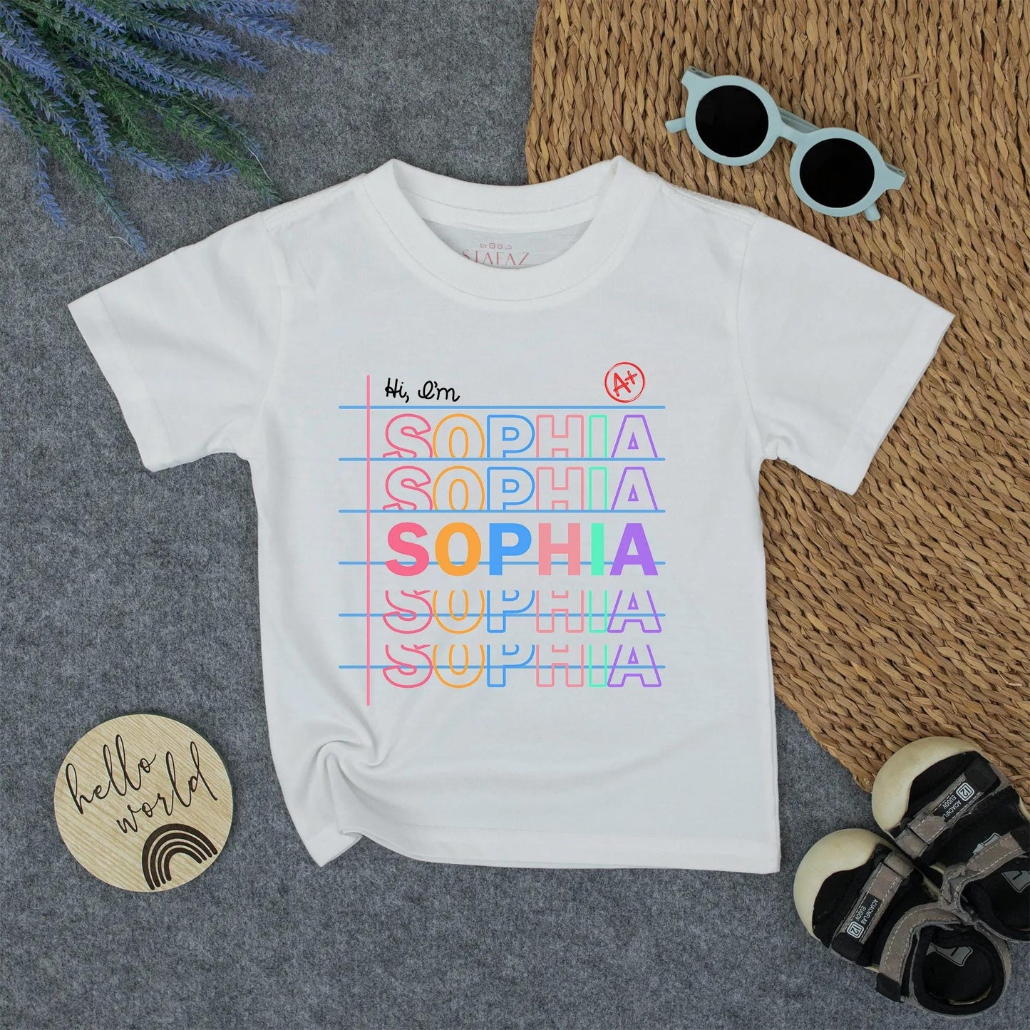Back to School Sophia Name Shirt, Pastel Colors Notebook Design Kids Tee, Kindergarten First Day Outfit, Personalized