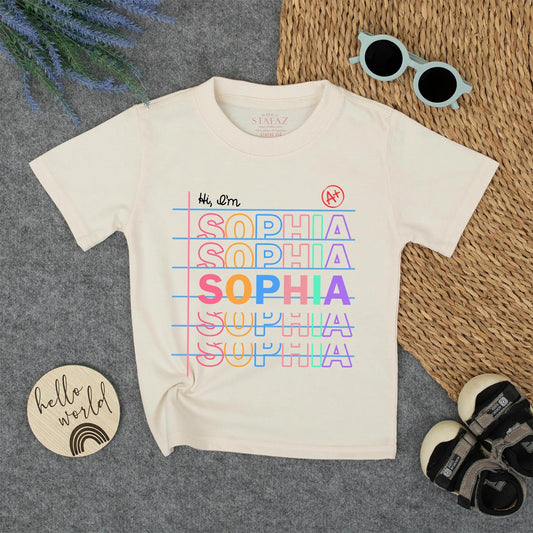 Back to School Sophia Name Shirt, Pastel Colors Notebook Design Kids Tee, Kindergarten First Day Outfit, Personalized