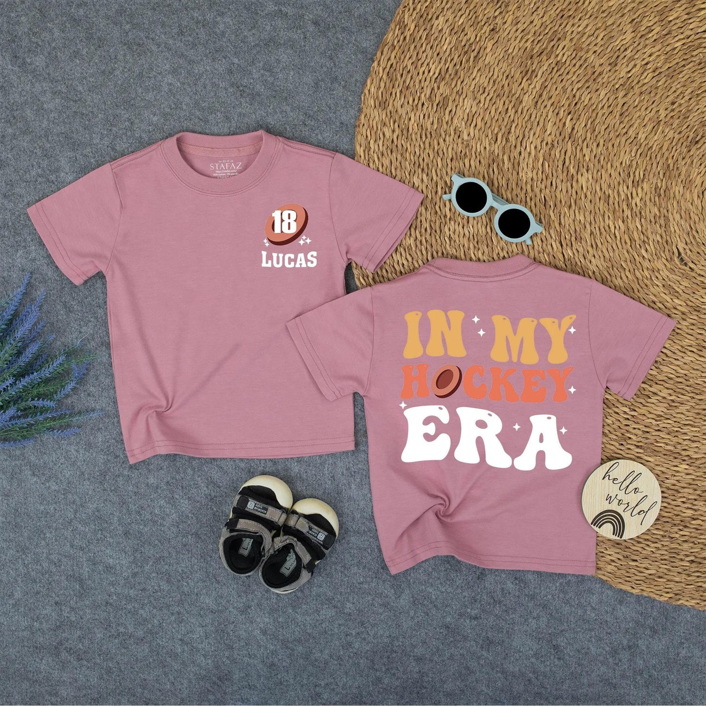 Retro Lucas 18 Hockey Era Shirt for Kids Custom Name Number Vintage Golden Brown Turquoise Psychedelic Style Toddler Back to School Sports Tee Gift