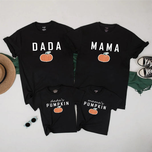 Matching Family Fall Pumpkin Shirts, Mama Dada Thanksgiving Tees, Cute Autumn Outfit Set, Harvest Season, Comfy Cotton Top for Baby, Toddler, Kids (139 chars)