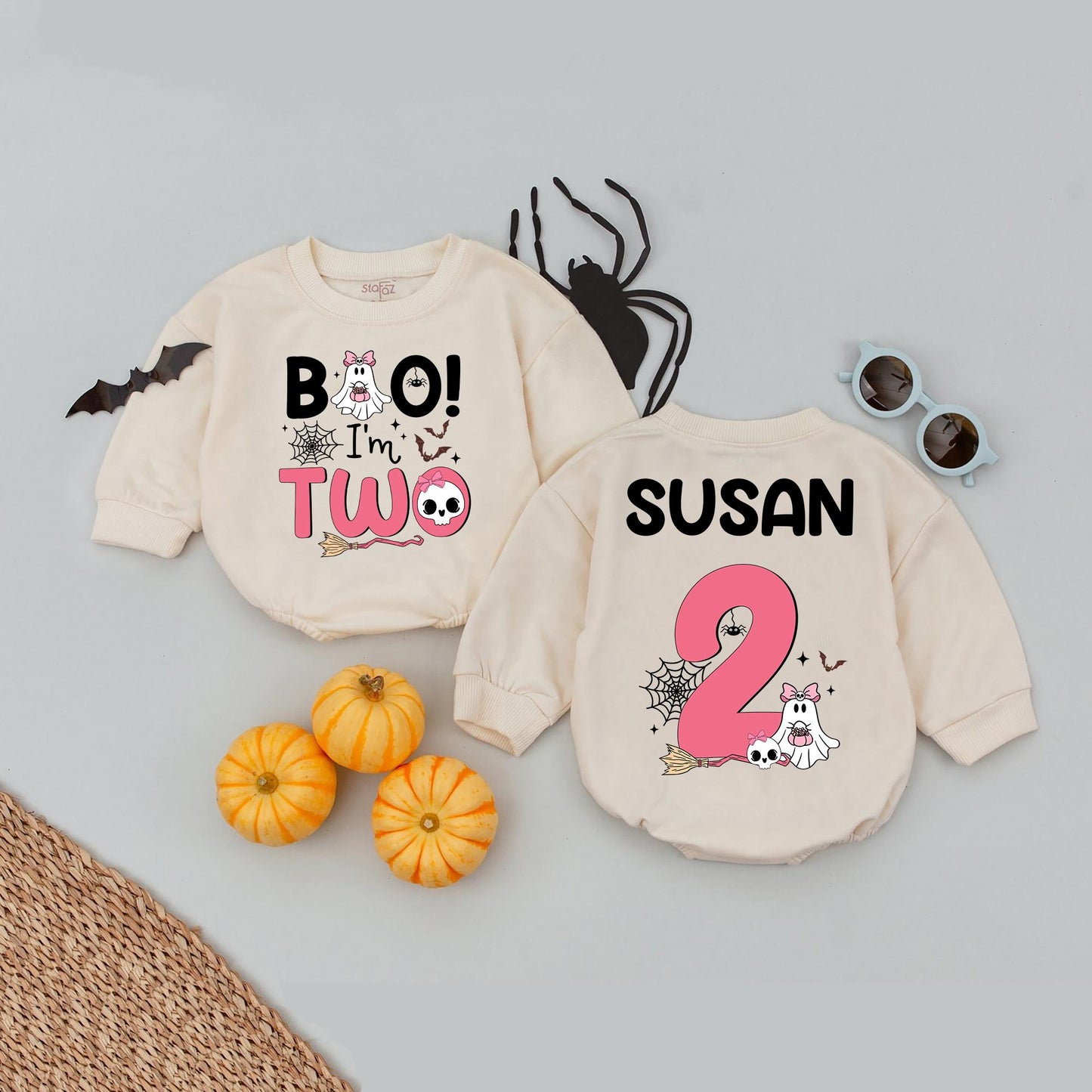 Personalized "Boo! I'm Two" Baby Girl Romper 2nd Birthday Spooky Season Halloween Outfit Cute Ghost Skull Bats Toddler Celebration Gift